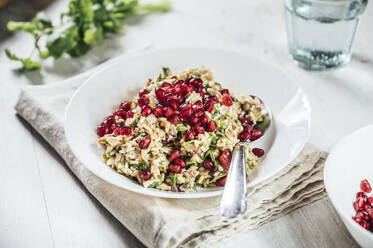 Plate of baba ghanoush salad with brown rice and pomegranate seeds - IPF00531