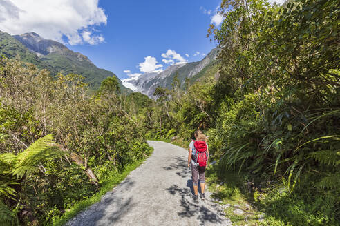 Neuseeland, Westland District, Franz Josef, Rucksacktouristin macht Pause auf der Panoramastraße, die zum Franz Josef Gletscher führt - FOF11446