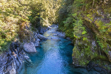 Neuseeland, Queenstown-Lakes District, Makarora, Blick von oben auf die Blue Pools im Haast Pass - FOF11477