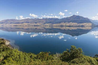 Neuseeland, Queenstown-Lakes District, Wanaka, Blauer Sommerhimmel, der sich im Wanaka-See spiegelt - FOF11489