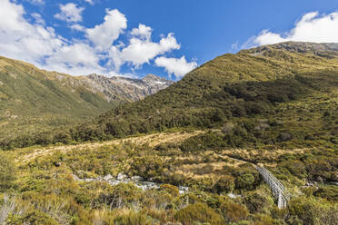 New Zealand, Selwyn District, Arthurs Pass, Green forested mountain valley - FOF11525