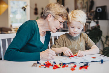 Grandmother and grandson building blocks - JOHF06068