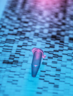 Nahaufnahme einer DNA-Probe, die auf einer Tabelle mit DNA-Sequenzierungsergebnissen liegt - ABRF00658