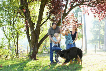 Glückliche Familie mit Hund spielt auf Seilschaukel in sonnigen Herbst Park - FSIF04544