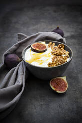 Bowl of Greek yogurt with honey, walnuts and sliced fig - LVF08560