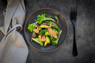 Plate of green salad with corn salad, arugula, spinach, red leaf lettuce, beetroot leaves, avocado, salmon meat and balsamic vinegar - LVF08565