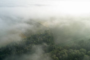 Deutschland, Bayern, Franken, Luftaufnahme von nebelverhangenen Feldern und Wäldern am Morgen - RUEF02565