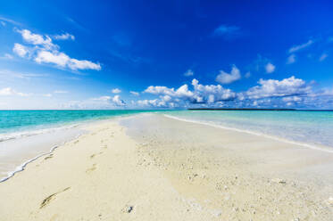 Papua New Guinea, Milne Bay Province, Blue sky over sandy coastal beach of Conflict Islands in summer - THAF02632