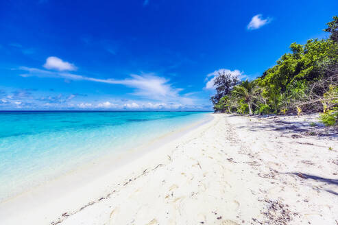 Papua New Guinea, Milne Bay Province, Blue sky over sandy coastal beach of Conflict Islands in summer - THAF02638