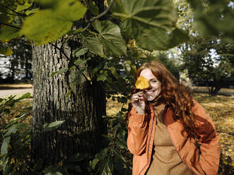 Portrait of happy redheaded woman holding autumn leaf - KNSF07153