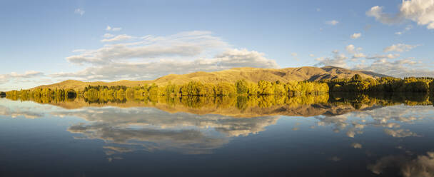 Neuseeland, Franklin District, Glenbrook, Bewaldete Hügel spiegeln sich im Wairepo Arm See im Herbst - FOF11602