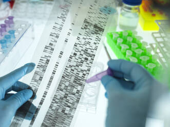 Hände eines Wissenschaftlers mit chirurgischen Handschuhen, der die Ergebnisse einer DNA-Sequenzierung analysiert - ABRF00667