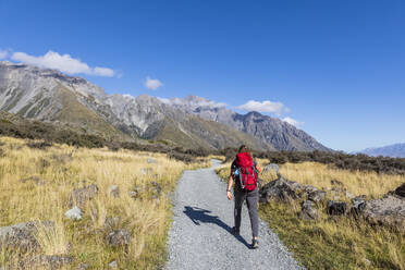 Neuseeland, Ozeanien, Südinsel, Canterbury, Ben Ohau, Südliche Alpen (Neuseeländische Alpen), Mount Cook National Park, Tasman Glacier Viewpoint, Rückansicht einer wandernden Frau - FOF11627