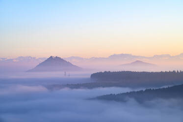 Germany, Baden-Wuerttemberg, Constance district, Fog over Hegau with Hohenhewen and Hohenstoffeln and Swiss Alps - ELF02120