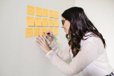 Young woman standing in office at a wall taking notes on adhesive notes - JRFF04031