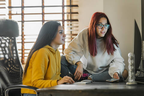 Zwei Mädchen im Teenageralter benutzen einen Computer zu Hause, lizenzfreies Stockfoto