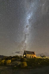 New Zealand, Oceania, South Island, Lake Tekapo, Church of the Good Shepherd and Milky Way on sky at night - FOF11665