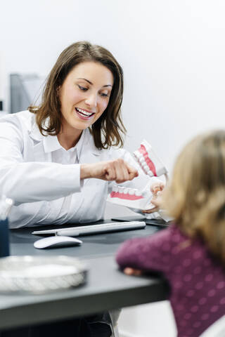 Zahnarzt erklärt einem Mädchen am Schreibtisch in einer Arztpraxis ein Zahnmodell, lizenzfreies Stockfoto