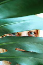 Junge Frau mit blauen Augen schaut durch ein grünes Palmenblatt - CAVF73686