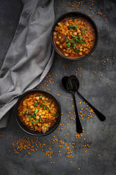 Studio shot of lentil and chickpea soup (red lentils, chickpeas, tomatoes, red onions, mint) - LVF08592