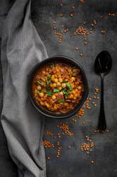 Studio shot of lentil and chickpea soup (red lentils, chickpeas, tomatoes, red onions, mint) - LVF08595