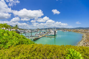 Australien, Queensland, Airlie Beach, Sommerwolken über Booten, die im Hafen der Küstenstadt vertäut sind - THAF02682