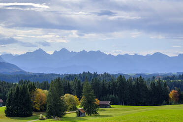 Deutschland, Bayern, Wildsteig, Wolken über Hütten am Rande eines Bergwaldes mit den Ammergauer Alpen im Hintergrund - LBF02867