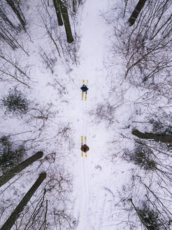 Luftaufnahme eines Paares mit Skiern im Wald, Gebiet Leningrad, Russland - KNTF04184