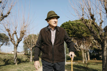 Alter Mann geht im Winterpark spazieren, stützt sich auf seine Akne - JRFF04101