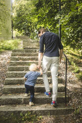 Full length rear view of father and son holding hands while moving up on steps at park - MASF16342