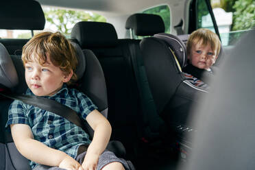 Brüder auf dem Rücksitz eines Familienautos in Kindersitzen angeschnallt. - CUF54682