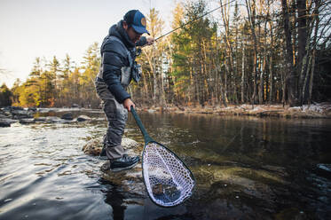 Ein Mann fängt an einem Herbstmorgen in einem Fluss in Maine eine Forelle - CAVF74322