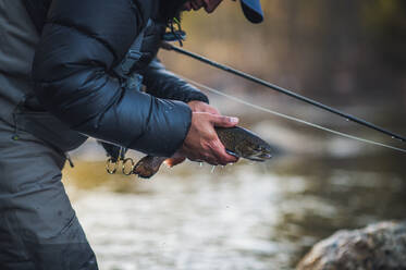 Ein Mann lässt an einem kalten Morgen in einem Fluss in Maine eine Forelle frei - CAVF74328
