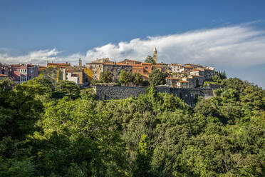 Kroatien, Istrien, Labin, Blick auf die Stadt auf einem grünen Hügel - MAMF01137