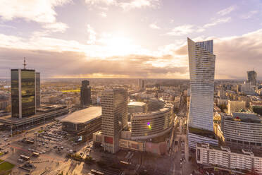 View to Warsaw city center from the Palace of Culture and Science at twilight, Warsaw, Poland - TAMF02185