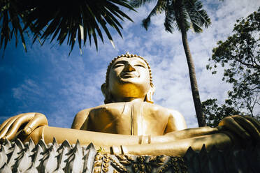 Nahaufnahme eines großen goldenen Buddhas in einem Tempel aus niedrigem Winkel. - MINF13324