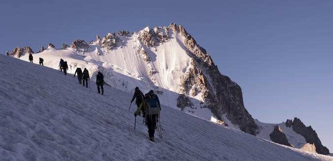 France, Mont Blanc Massif, Chamonix, Mountaineers climbing Aiguille de Chardonnet in the snow - ALRF01715