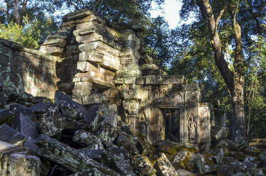 Ankor Wat, ein historischer Khmer-Tempel aus dem 12. Jahrhundert und UNESCO-Weltkulturerbe: Bögen und geschnitzte Steinblöcke in den Ruinen der Tempelpavillons, die von Bäumen dominiert werden. - MINF13404