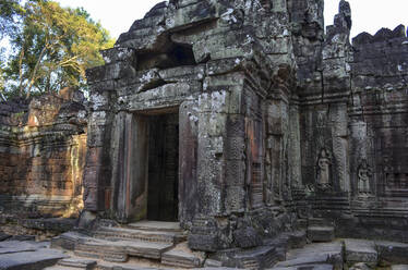 Ankor Wat, a 12th century historic Khmer temple and UNESCO world heritage site. Arches and carved stone with large roots spreading across the stonework. - MINF13410