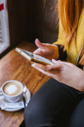 Crop-Ansicht einer jungen Frau, die in einem Café ihr Smartphone benutzt - LJF01269