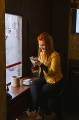Glückliche rothaarige junge Frau, die in einem Café sitzt und ein Mobiltelefon benutzt - LJF01270