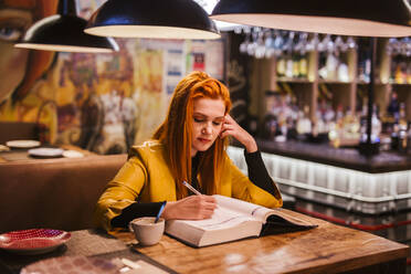 Porträt einer rothaarigen jungen Frau am Tisch in einer Kneipe, die in ein Buch schreibt - LJF01279