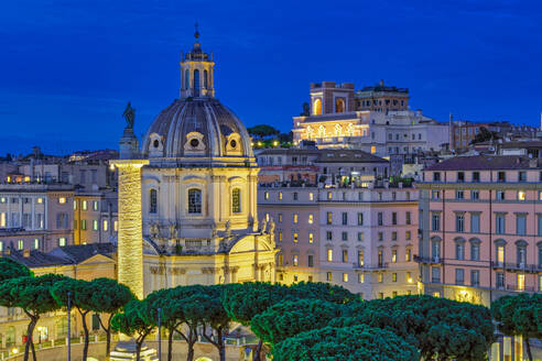 Trajans Column (Colonna Traiana) and Chiesa del Santissimo Nome di Maria al Foro Traiano at blue hour elevated view, Rome, Lazio, Italy, Europe - RHPLF13789