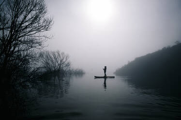 Silhouette einer Frau beim Stand Up Paddle Surfing auf einem See - DGOF00309