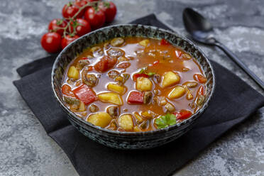 Bowl of sausage goulash with potatoes, tomatoes, bell peppers, leek and parsley - SARF04470