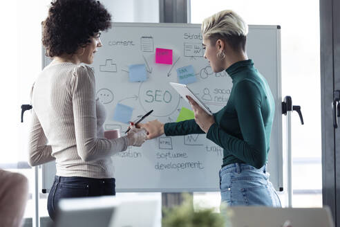 Geschäftsfrauen an einem Flipchart, die Ideen für eine Suchmaschinenoptimierung vorstellen - JSRF00857