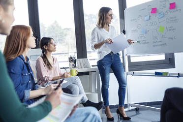 Geschäftsfrauen bei einer Besprechung an einem Flipchart, die Ideen für eine Suchmaschinenoptimierung vorstellen - JSRF00883