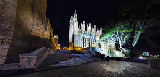 Spanien, Balearische Inseln, Palma de Mallorca, Kathedrale Santa Maria von Palma bei Nacht beleuchtet - AMF07819