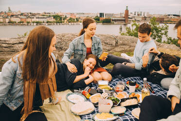 Male and female friends enjoying food on picnic blanket - MASF16711
