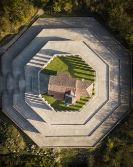 Aerial view of Saint Anthony's sanctuary (Caporetto memorial), Kobarid, Goriska, Slovenia - CUF54717